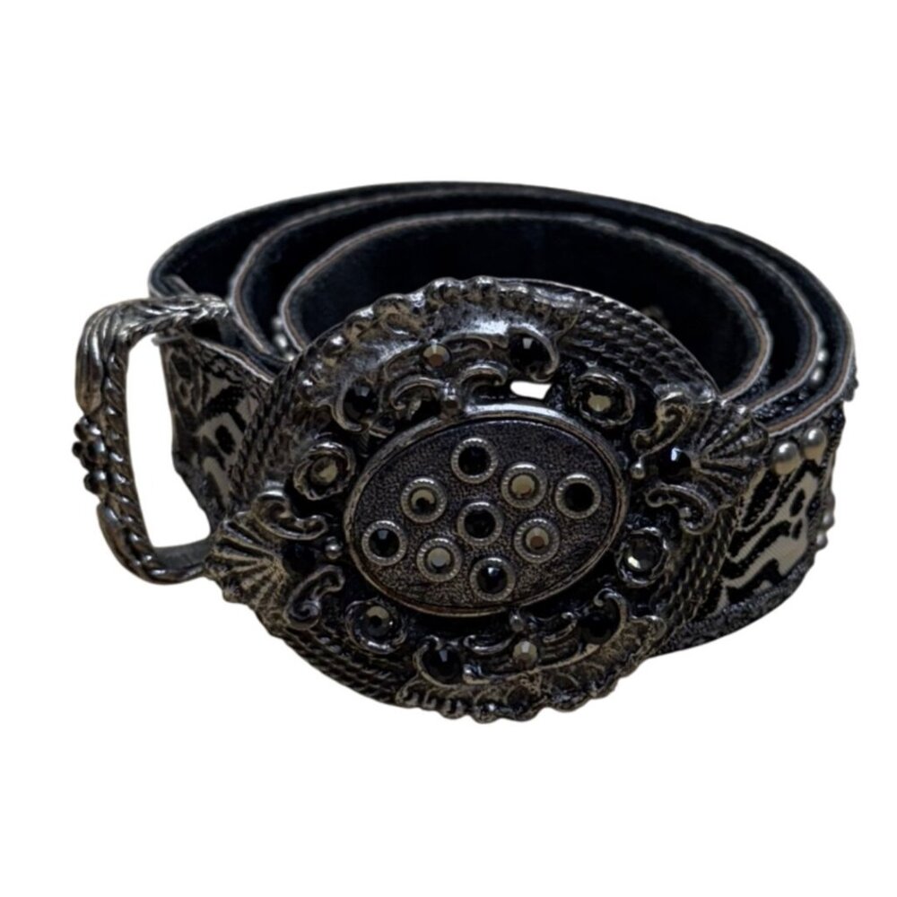 Vintage Black Floral Belt Silver Accents Ornate Buckle  Adjustable Fit